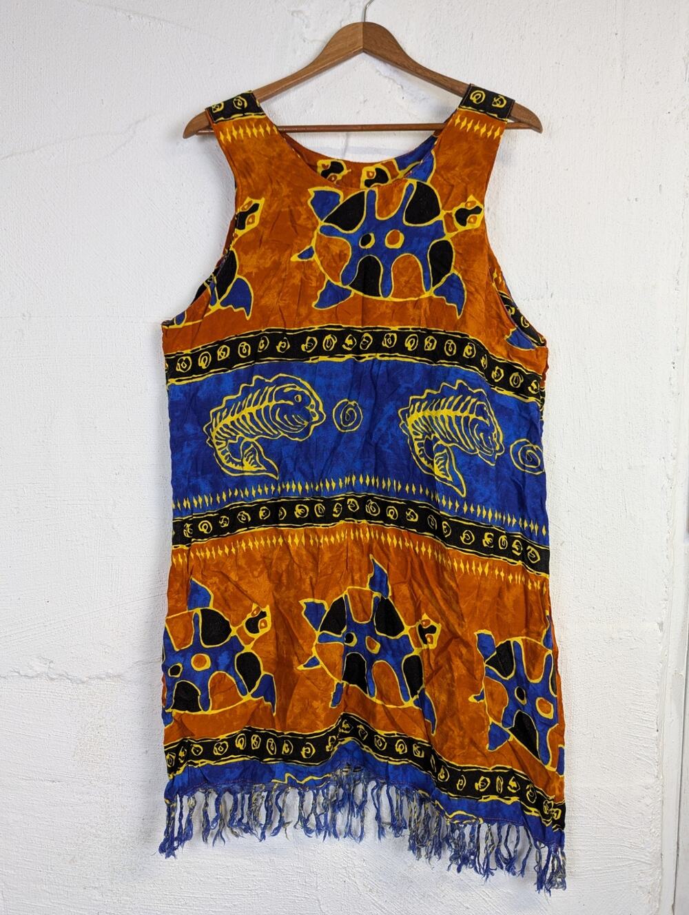 Vtg Tropical Sundress Colorful Turtles Fish Fringe Boho Beach Festival Size 1X